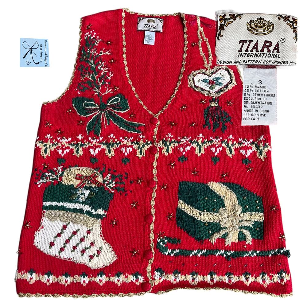 Tiara International 1998 Stocking Gift Beaded Holiday Detailed Sweater Vest Sz S
